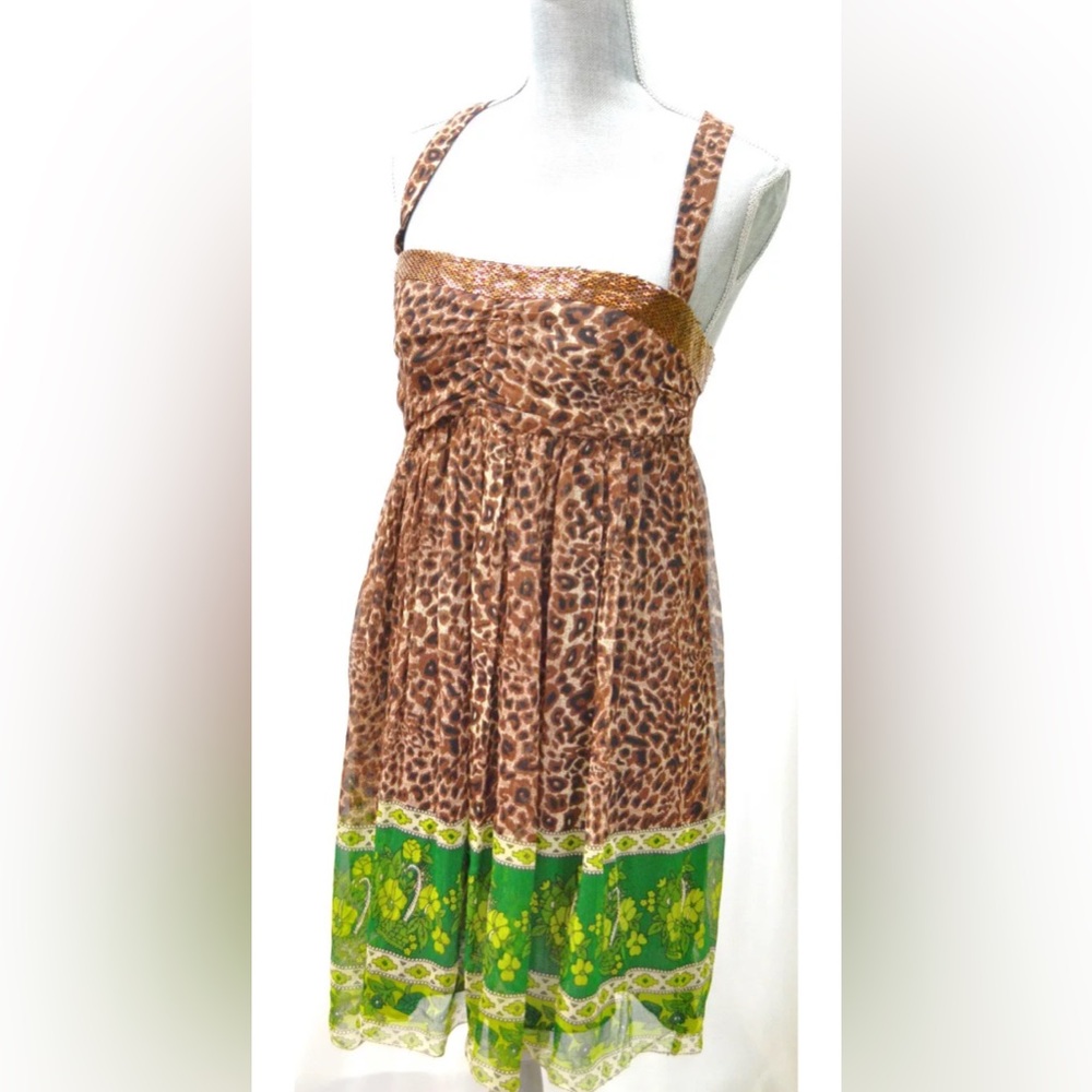 Nicole Miller Silk Chiffon Sequin and Leopard Dress Petite